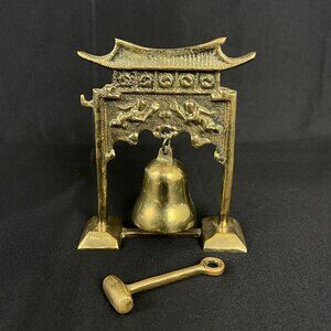 Brass Temple Bell With Stand & Mallet Asian Inspired Décor Mini Gong